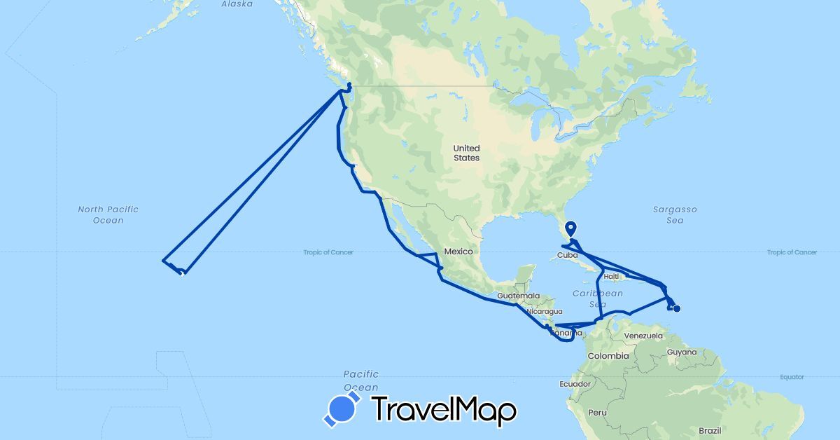 TravelMap itinerary: driving, explora i in Antigua and Barbuda, Barbados, Bahamas, Canada, Colombia, Costa Rica, Dominica, Dominican Republic, France, Guatemala, Saint Kitts and Nevis, Saint Lucia, Mexico, Netherlands, Panama, United States, Saint Vincent and the Grenadines, British Virgin Islands (Europe, North America, South America)