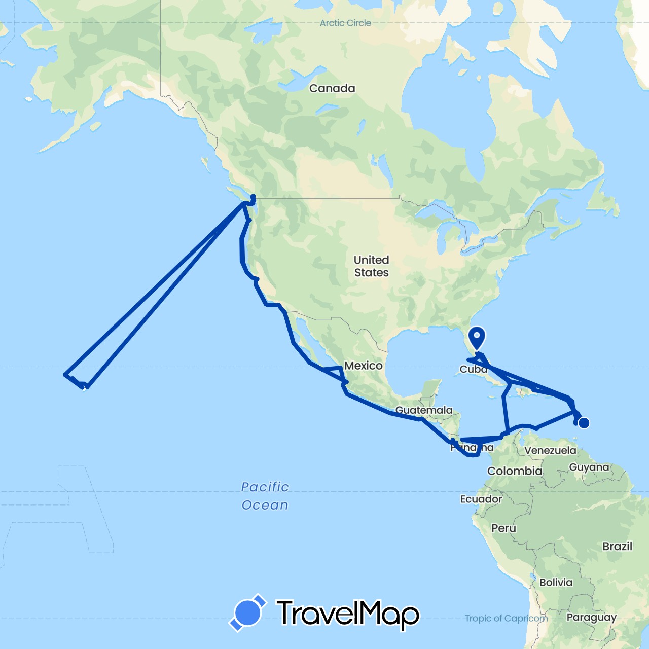 TravelMap itinerary: driving, explora i in Antigua and Barbuda, Barbados, Bahamas, Canada, Colombia, Costa Rica, Dominica, Dominican Republic, France, Guatemala, Saint Kitts and Nevis, Saint Lucia, Mexico, Netherlands, Panama, United States, Saint Vincent and the Grenadines, British Virgin Islands (Europe, North America, South America)