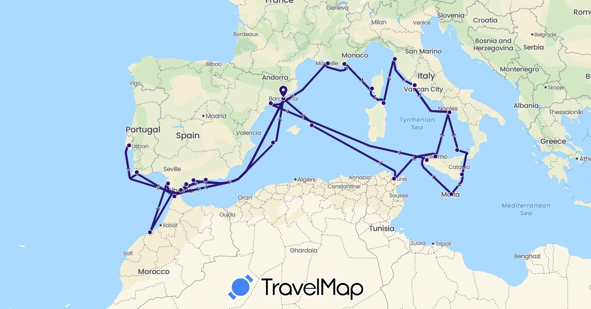 TravelMap itinerary: explora ii in Spain, France, Gibraltar, Italy, Morocco, Malta, Portugal, Tunisia (Africa, Europe)