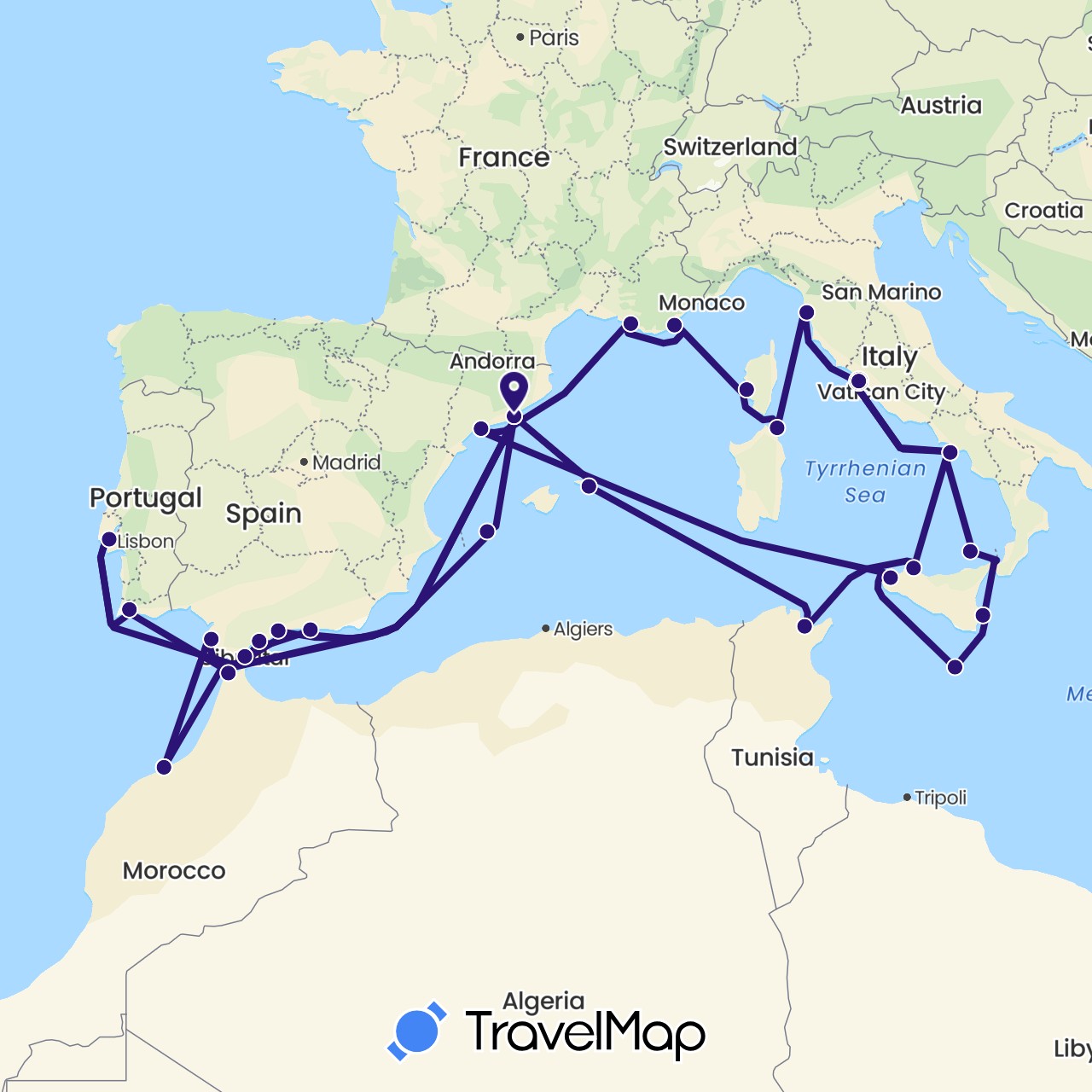 TravelMap itinerary: explora ii in Spain, France, Gibraltar, Italy, Morocco, Malta, Portugal, Tunisia (Africa, Europe)