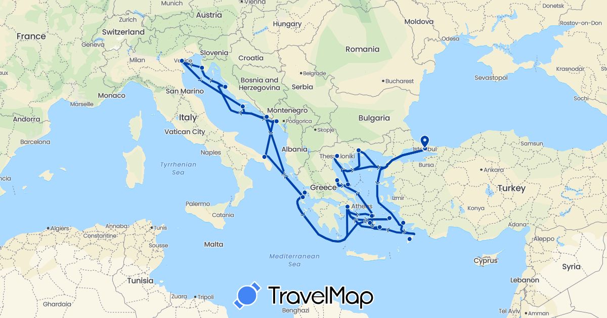 TravelMap itinerary: driving, explora i in Greece, Croatia, Italy, Montenegro, Turkey (Asia, Europe)