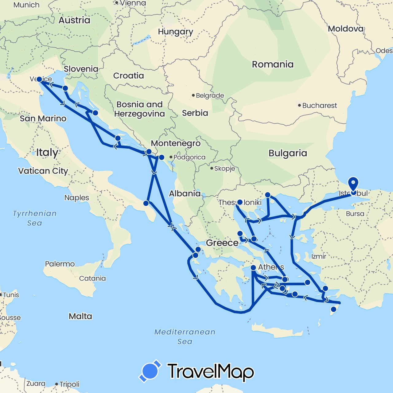 TravelMap itinerary: driving, explora i in Greece, Croatia, Italy, Montenegro, Turkey (Asia, Europe)