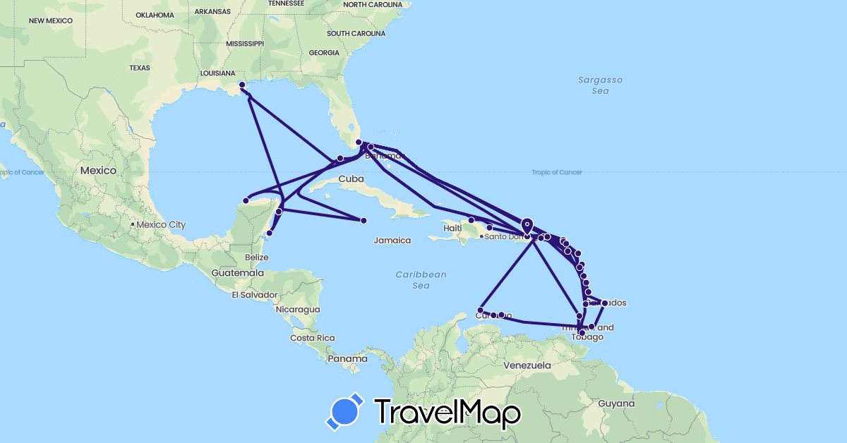 TravelMap itinerary: explora ii in Antigua and Barbuda, Anguilla, Barbados, Bahamas, Dominica, Dominican Republic, France, Grenada, Saint Kitts and Nevis, Cayman Islands, Saint Lucia, Mexico, Netherlands, Trinidad and Tobago, United States, Saint Vincent and the Grenadines, British Virgin Islands (Europe, North America)