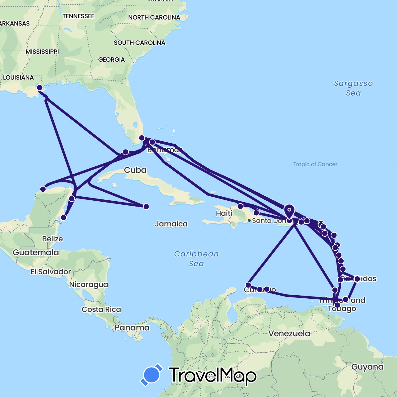 TravelMap itinerary: explora ii in Antigua and Barbuda, Anguilla, Barbados, Bahamas, Dominica, Dominican Republic, France, Grenada, Saint Kitts and Nevis, Cayman Islands, Saint Lucia, Mexico, Netherlands, Trinidad and Tobago, United States, Saint Vincent and the Grenadines, British Virgin Islands (Europe, North America)